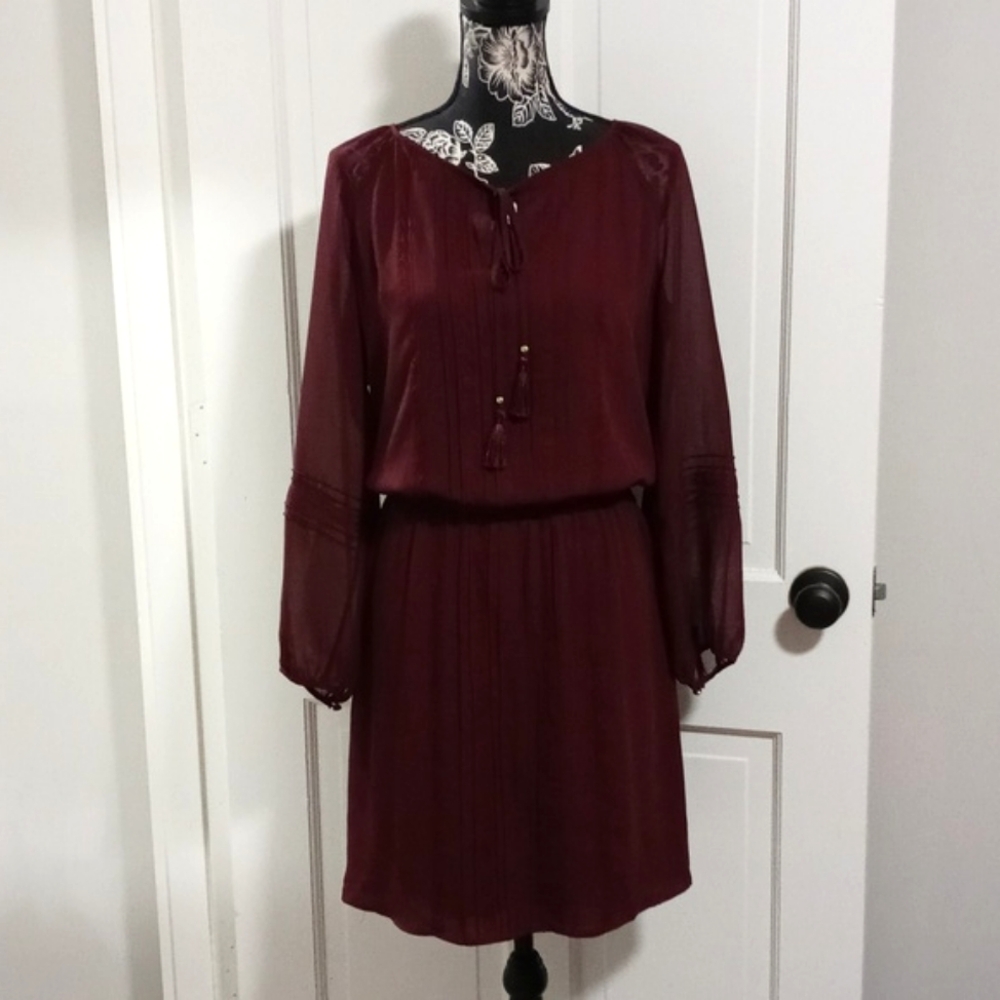 🖤White House Black Market🖤 - Deep Burgundy Boho Peasant Tie Front L/S Dress